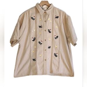 Vtg Mandal Bay Chicken Rooster Embroidered Button Shirt Farm Cottagecore 1X